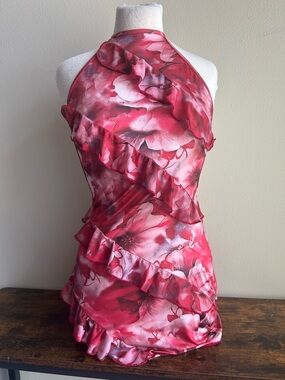 Pink Floral Ruffle Halter Tank